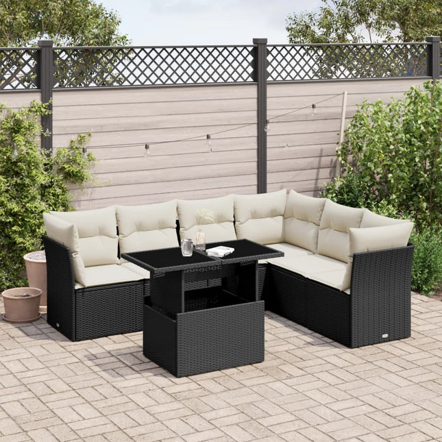 7-delige Loungeset met kussens poly rattan zwart