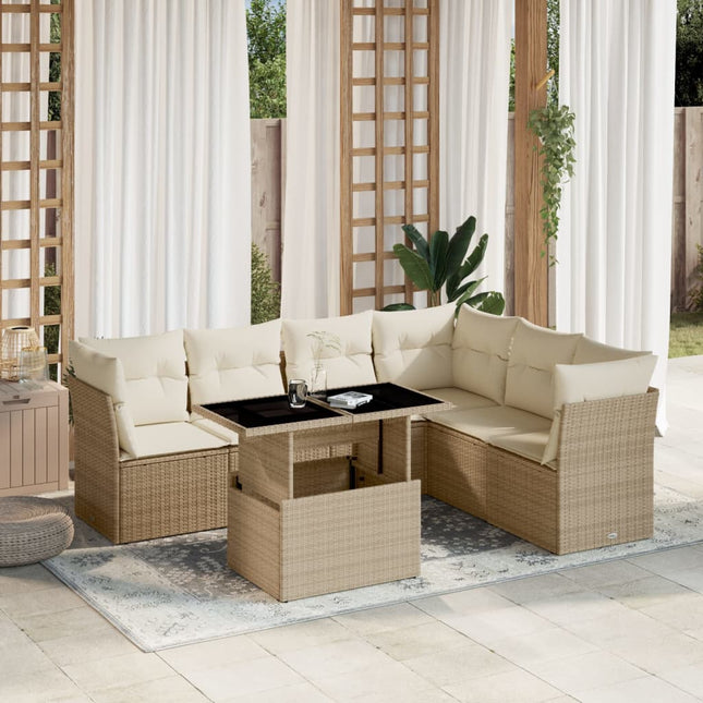 7-delige Loungeset met kussens poly rattan beige