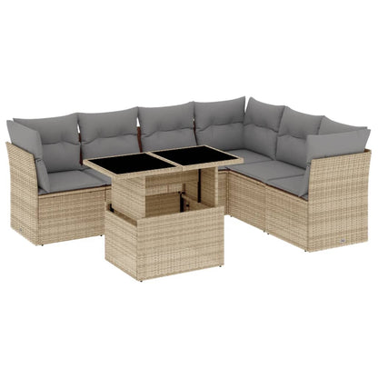 7-delige Loungeset met kussens poly rattan beige