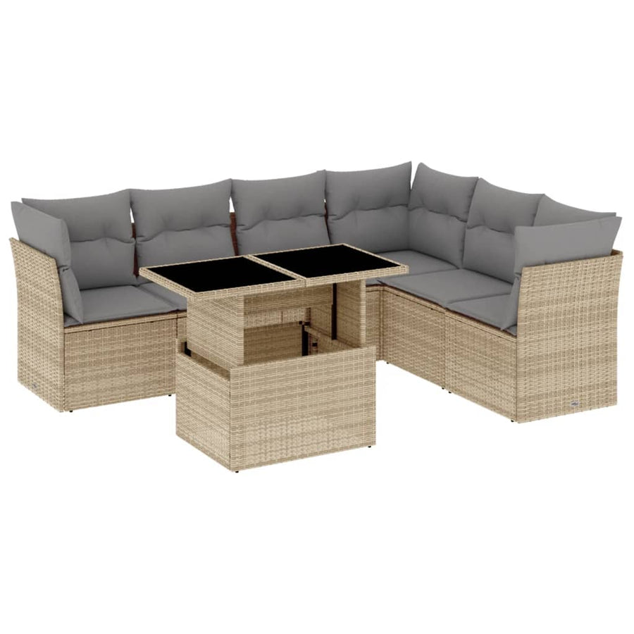 7-delige Loungeset met kussens poly rattan beige