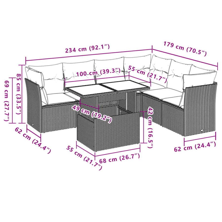 7-delige Loungeset met kussens poly rattan beige