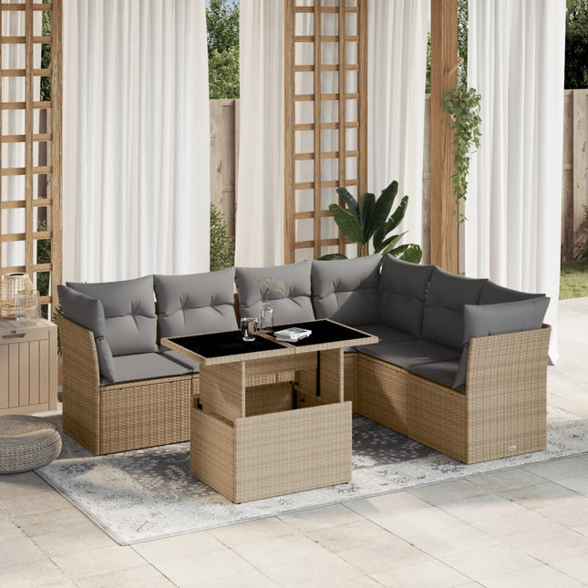 7-delige Loungeset met kussens poly rattan beige