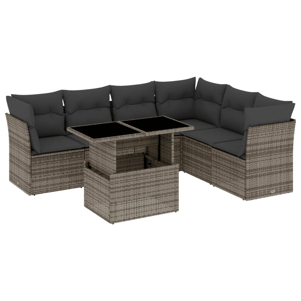 7-delige Loungeset met kussens poly rattan grijs