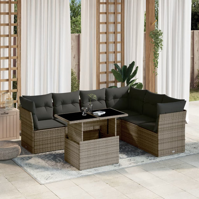 7-delige Loungeset met kussens poly rattan grijs