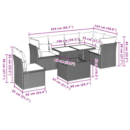 7-delige Loungeset met kussens poly rattan zwart