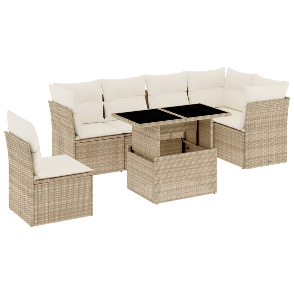 7-delige Loungeset met kussens poly rattan beige