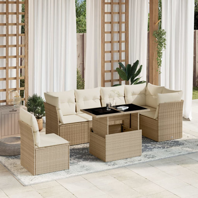 7-delige Loungeset met kussens poly rattan beige