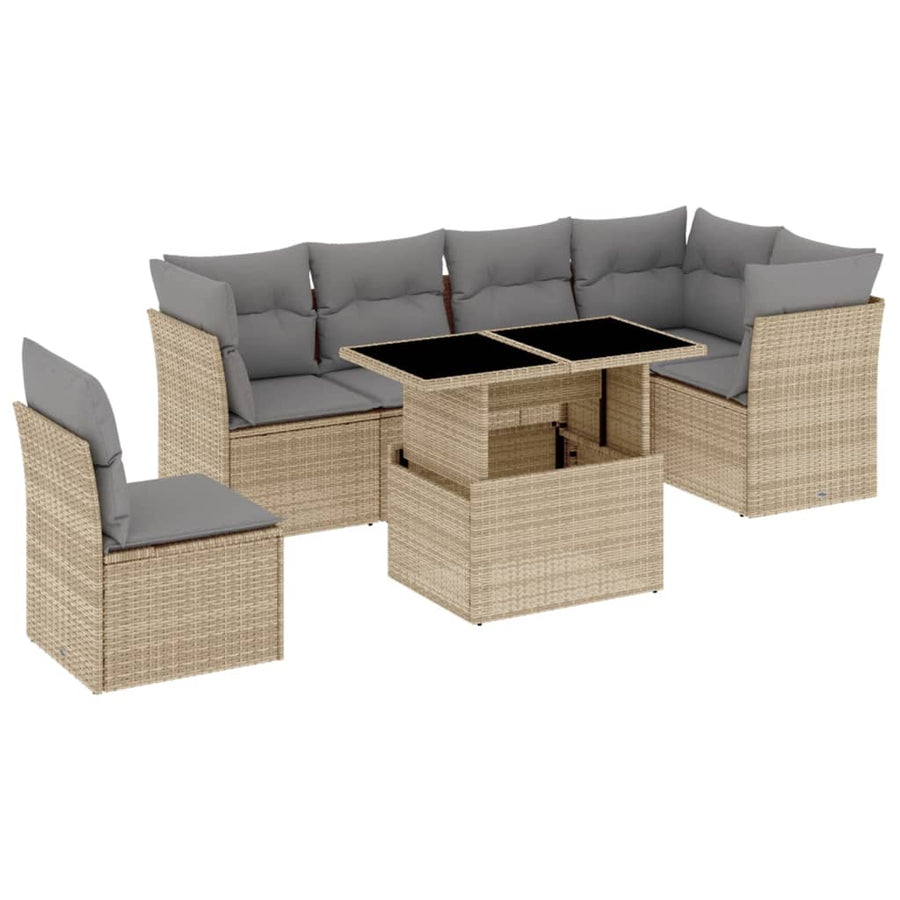 7-delige Loungeset met kussens poly rattan beige