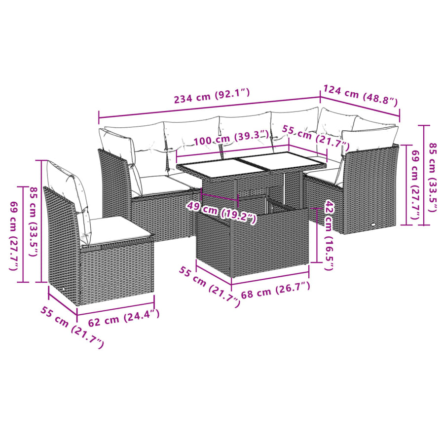 7-delige Loungeset met kussens poly rattan beige