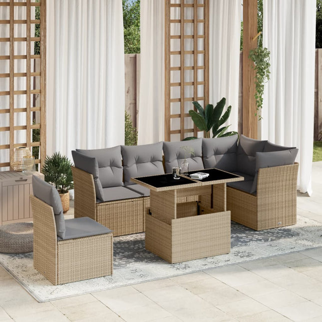 7-delige Loungeset met kussens poly rattan beige