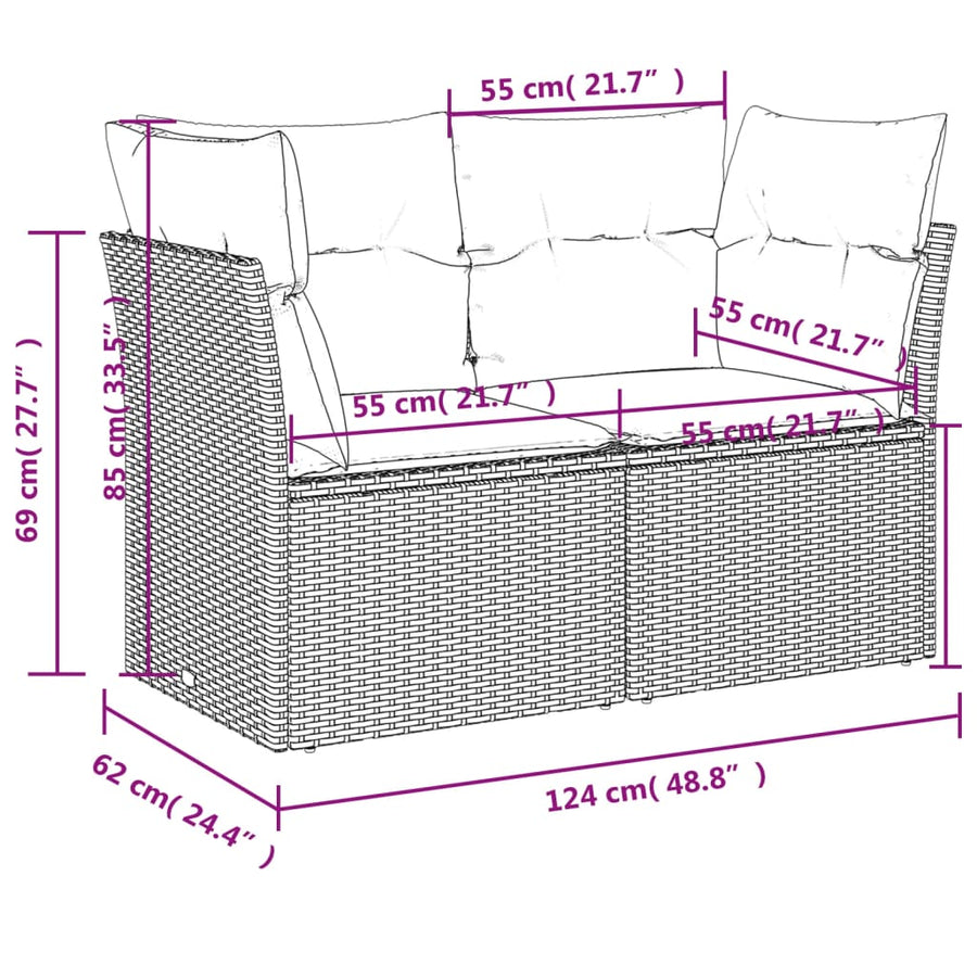 7-delige Loungeset met kussens poly rattan grijs