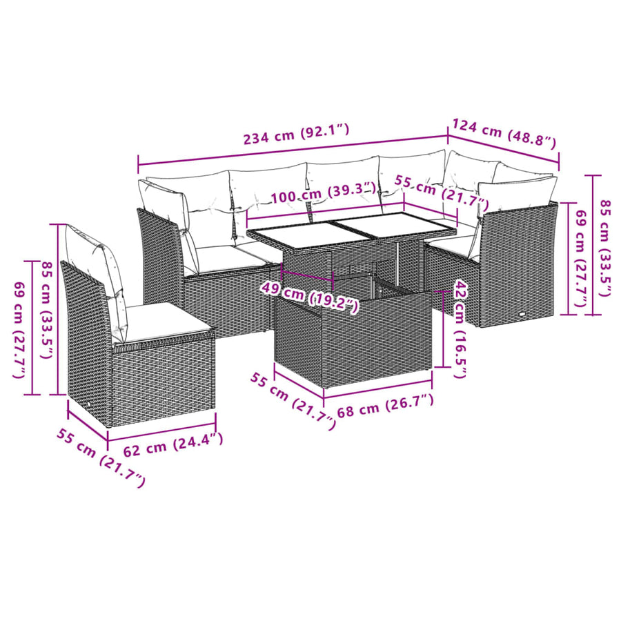 7-delige Loungeset met kussens poly rattan grijs
