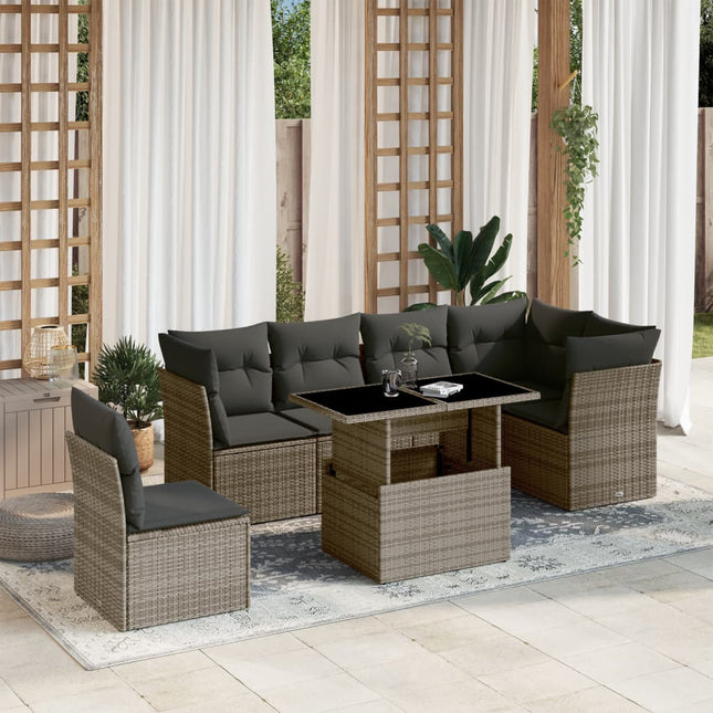 7-delige Loungeset met kussens poly rattan grijs