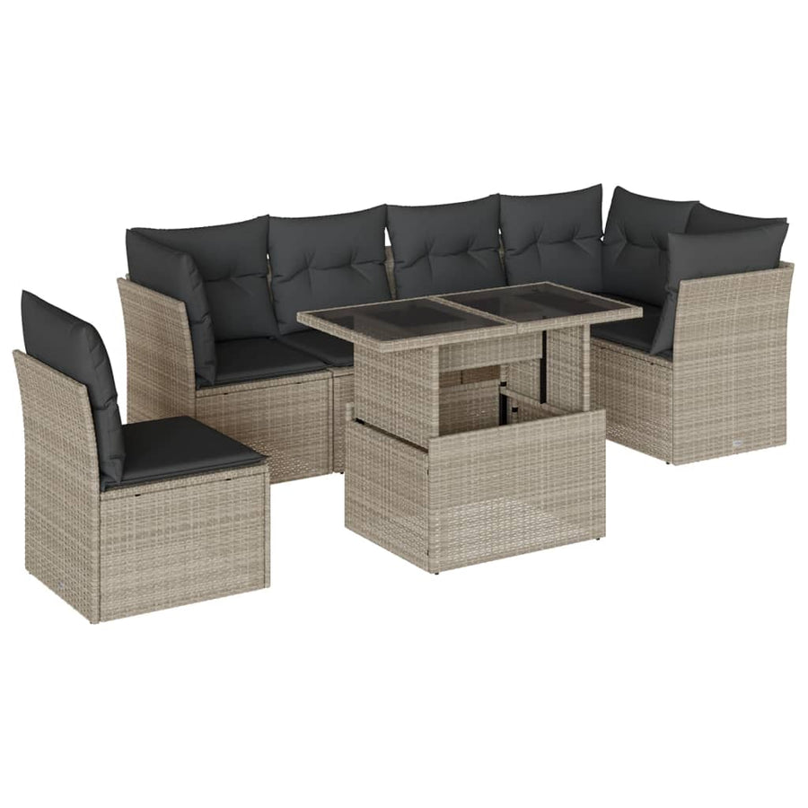 7-delige Loungeset met kussens poly rattan lichtgrijs