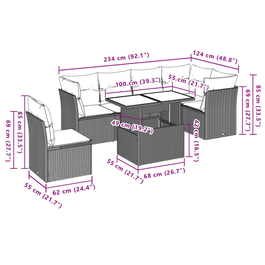 7-delige Loungeset met kussens poly rattan lichtgrijs