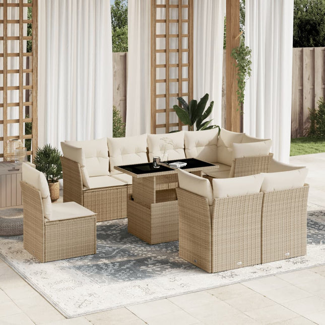 9-delige Loungeset met kussens poly rattan beige