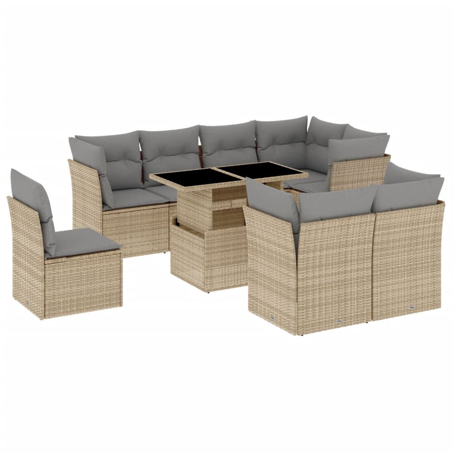 9-delige Loungeset met kussens poly rattan beige