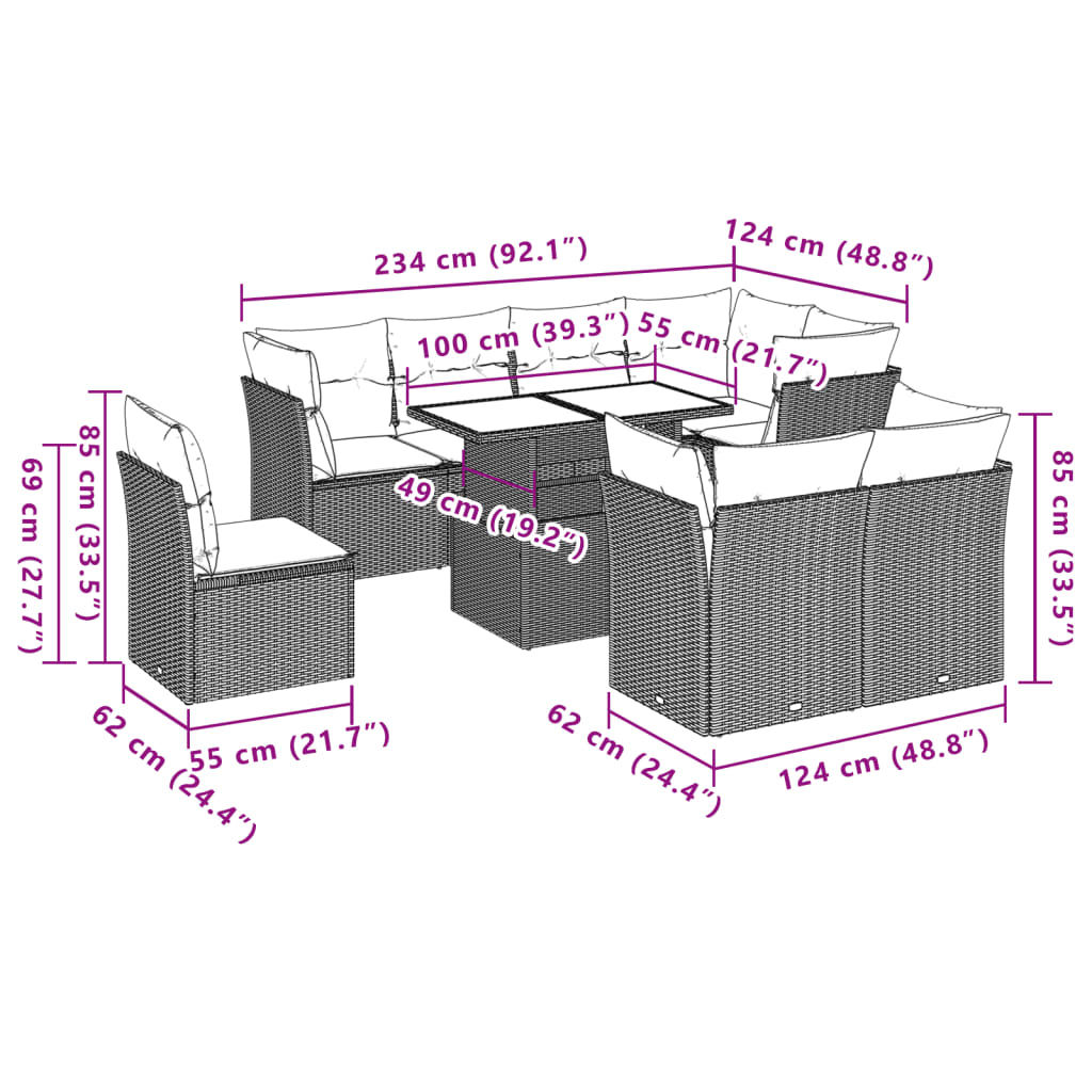 9-delige Loungeset met kussens poly rattan beige