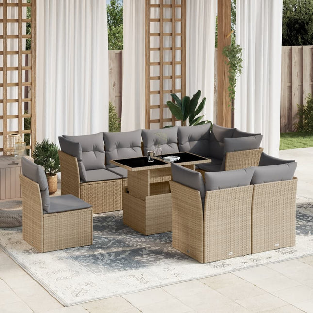 9-delige Loungeset met kussens poly rattan beige