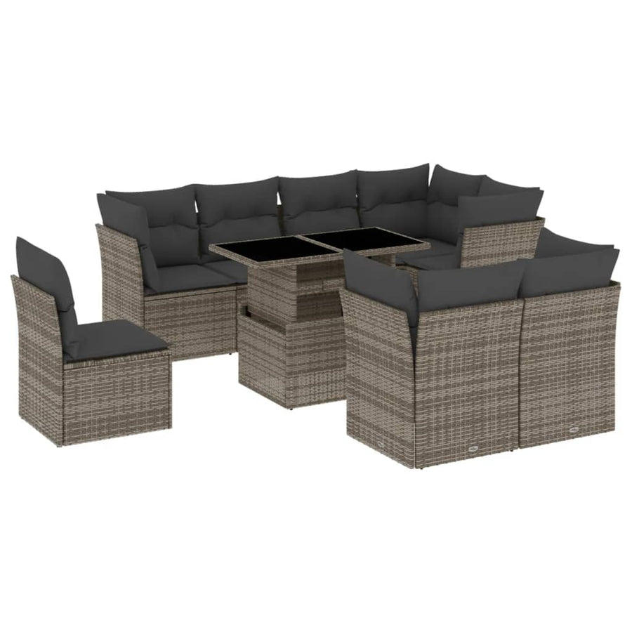 9-delige Loungeset met kussens poly rattan grijs