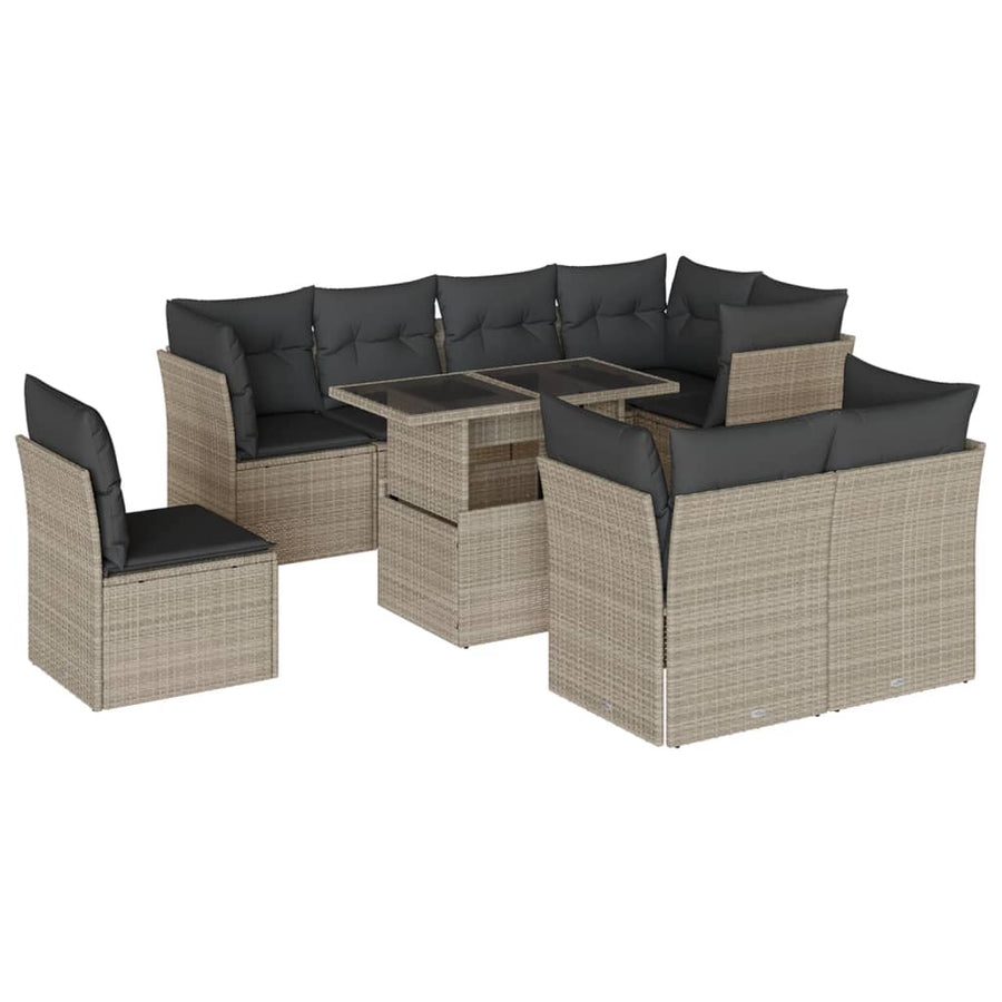 9-delige Loungeset met kussens poly rattan lichtgrijs