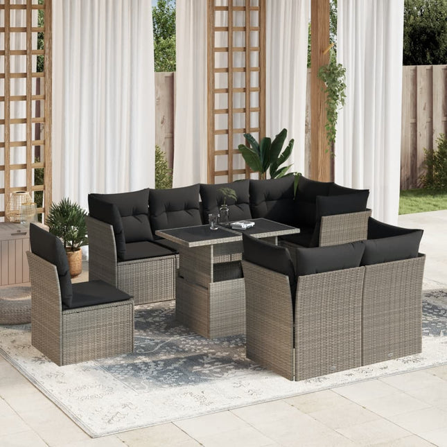 9-delige Loungeset met kussens poly rattan lichtgrijs