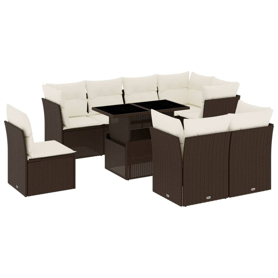 9-delige Loungeset met kussens poly rattan bruin