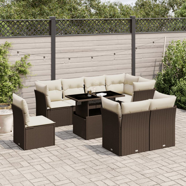 9-delige Loungeset met kussens poly rattan bruin