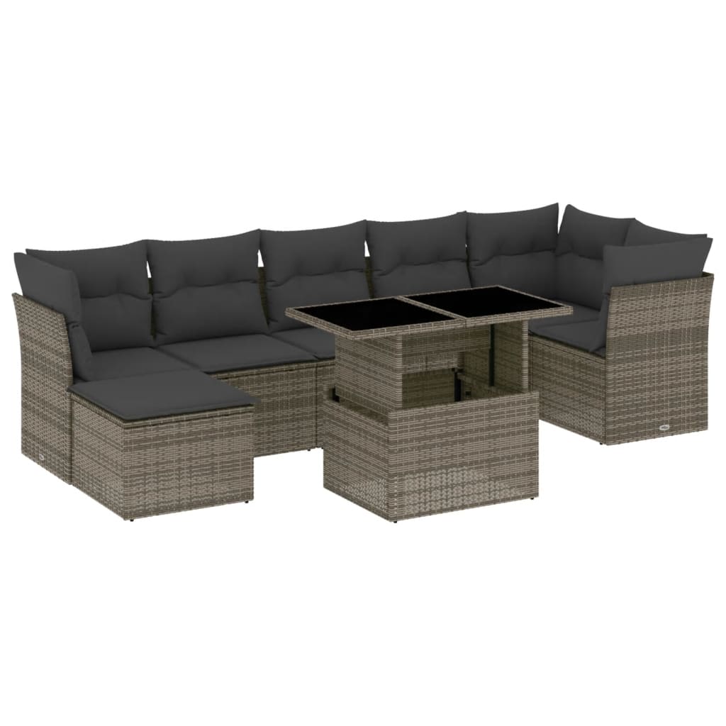 8-delige Loungeset met kussens poly rattan grijs