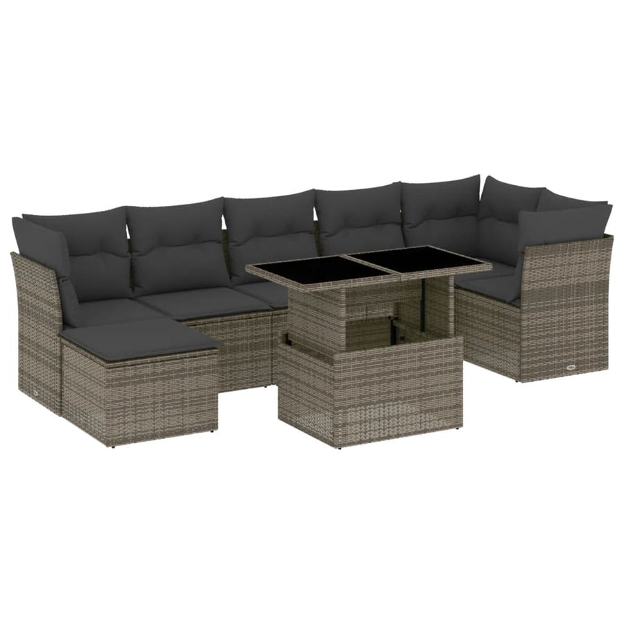 8-delige Loungeset met kussens poly rattan grijs