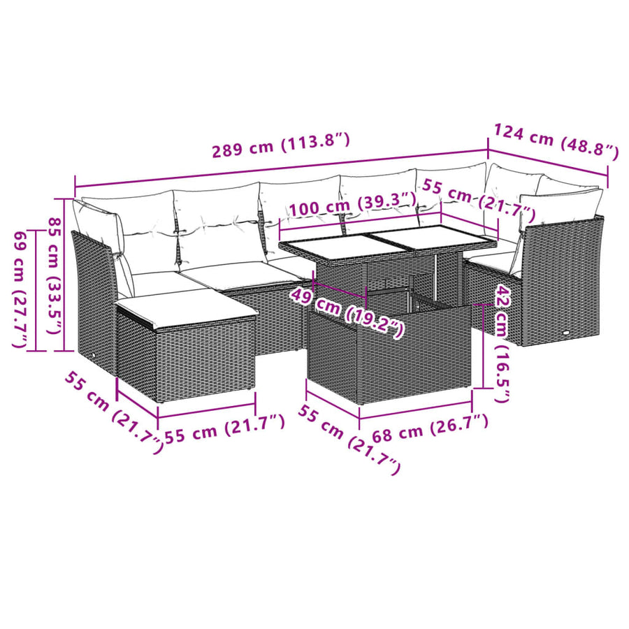 8-delige Loungeset met kussens poly rattan grijs