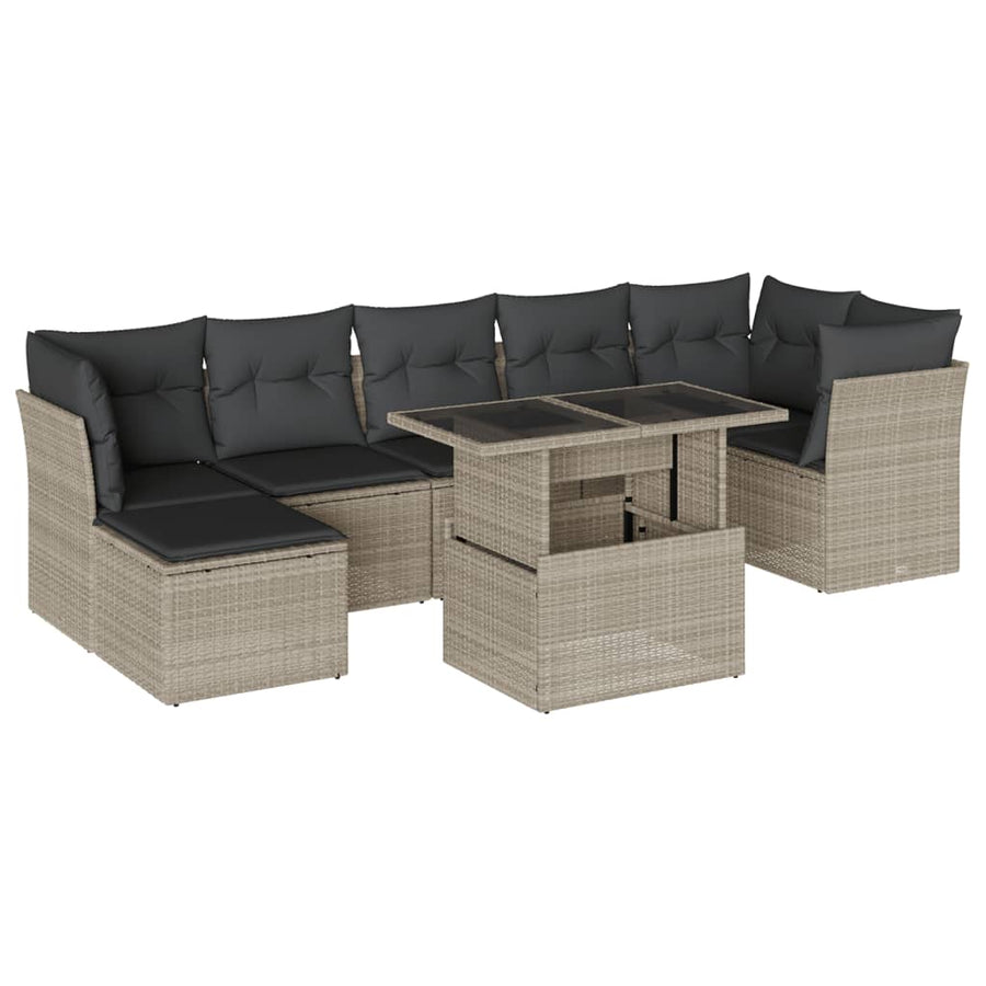 8-delige Loungeset met kussens poly rattan lichtgrijs