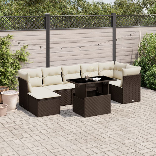 8-delige Loungeset met kussens poly rattan bruin