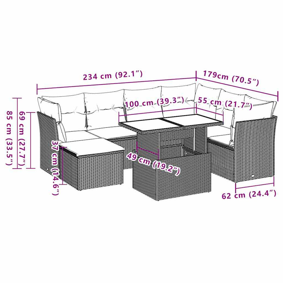 8-delige tuinbankset met kussens, zwart polyrotan
