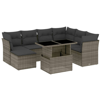 8-delige Loungeset met kussens poly rattan grijs
