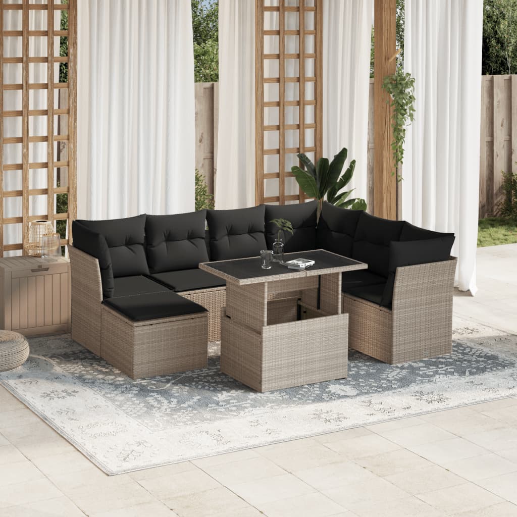 8-delige Loungeset met kussens poly rattan lichtgrijs