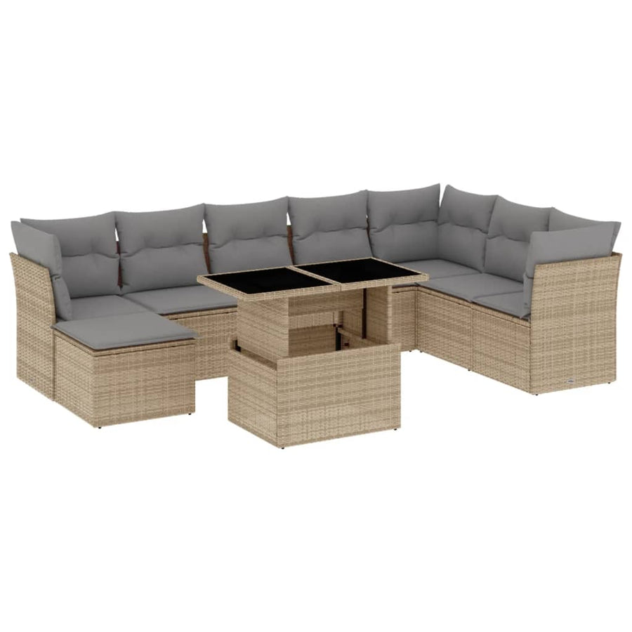 9-delige Loungeset met kussens poly rattan beige