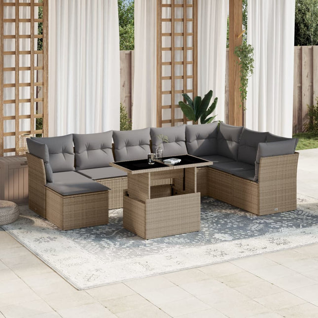 9-delige Loungeset met kussens poly rattan beige