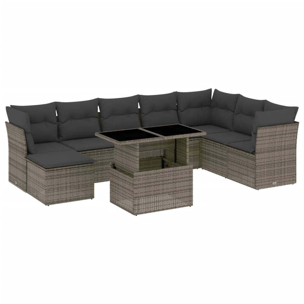 9-delige Loungeset met kussens poly rattan grijs