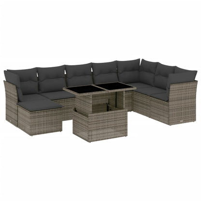 9-delige Loungeset met kussens poly rattan grijs