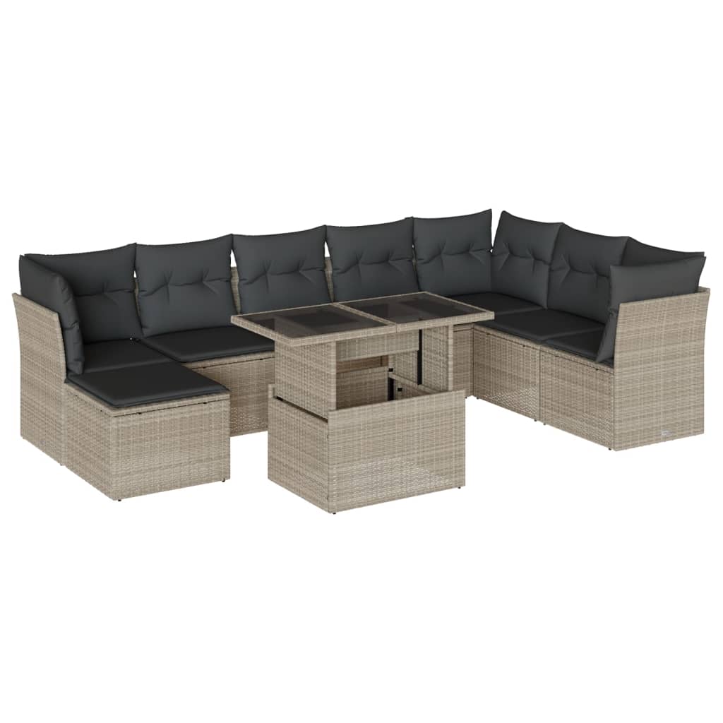 9-delige Loungeset met kussens poly rattan lichtgrijs