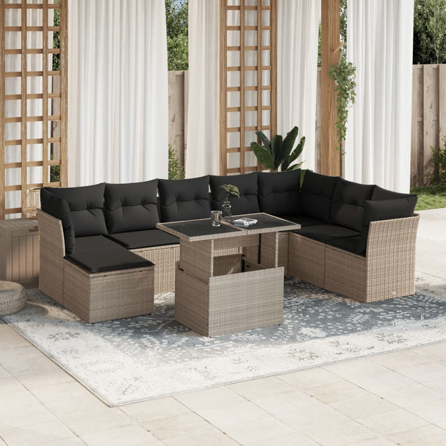 9-delige Loungeset met kussens poly rattan lichtgrijs