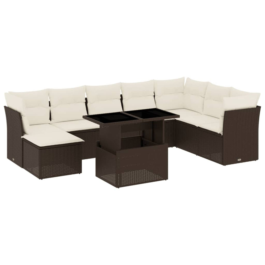 9-delige Loungeset met kussens poly rattan bruin