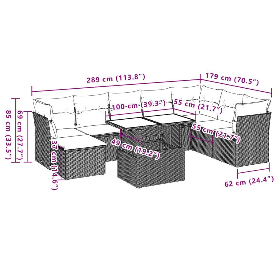9-delige Loungeset met kussens poly rattan bruin