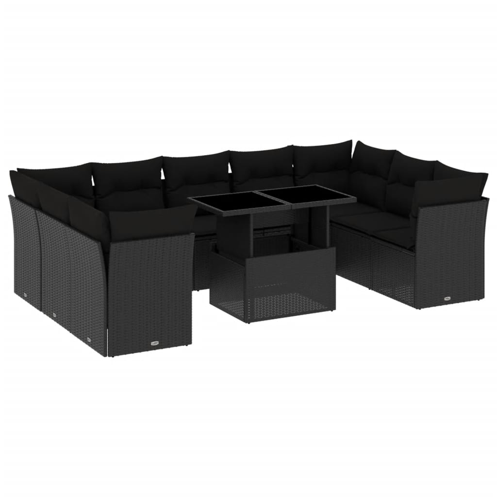 10-delige Loungeset met kussens poly rattan zwart