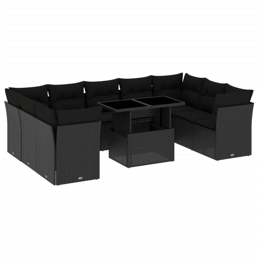 10-delige Loungeset met kussens poly rattan zwart