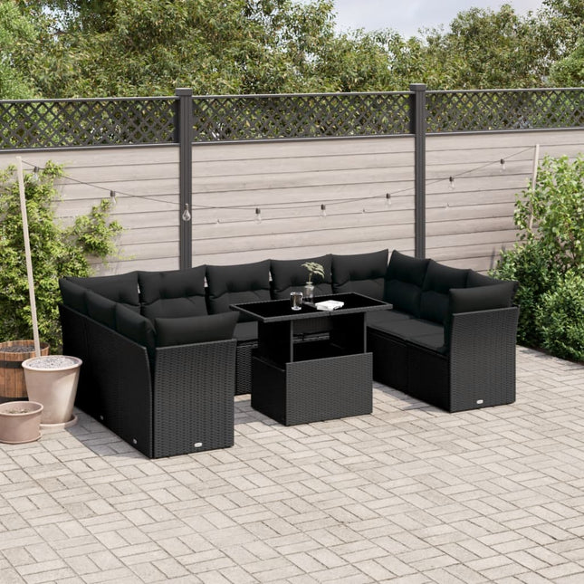 10-delige Loungeset met kussens poly rattan zwart