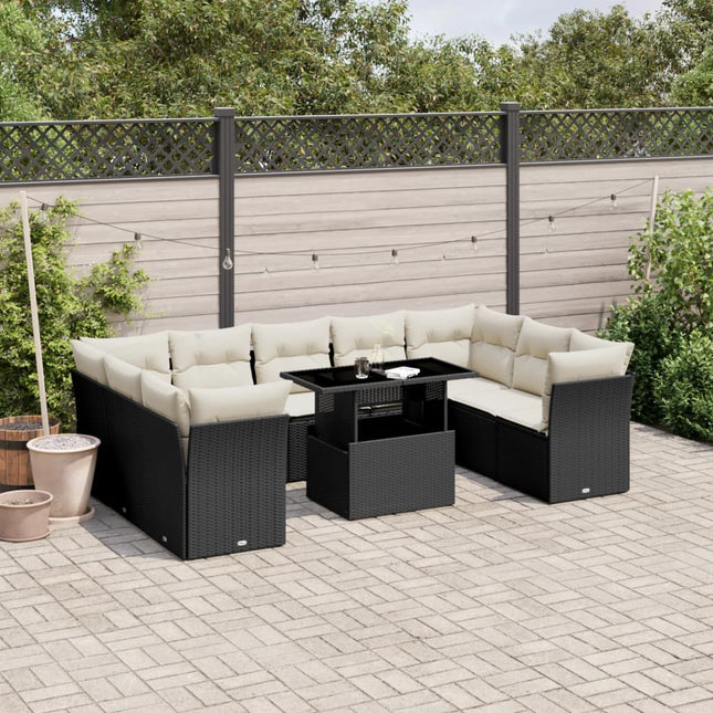 10-delige Loungeset met kussens poly rattan zwart