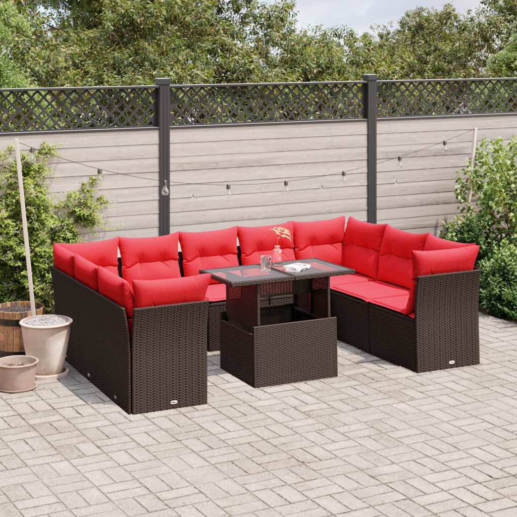 10-delige tuinbankset met kussens, bruin polyrotan