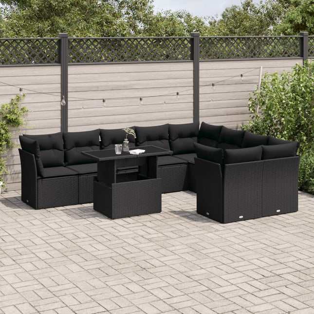 10-delige Loungeset met kussens poly rattan zwart